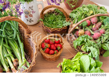 Baskets filled with freshly picked organic vegetables sit on a wooden table. Green onions, lettuce, and radishes are among the harvest from a local farm Baskets filled with freshly picked organic vegetables sit on a wooden table. Green onions, lettuce, and radishes are among the harvest from a local farm 140955009