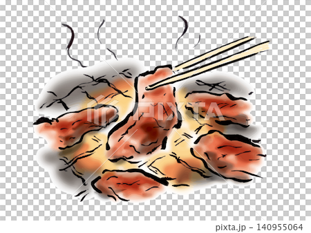 An illustration of someone lifting grilled meat with chopsticks. 140955064
