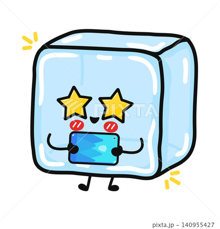 Cute Ice Cube Character With Smartphone Illustration Cute Ice Cube Character With Smartphone Illustration 140955427
