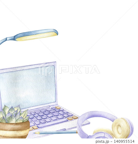 Laptop, lamp, succulent and headphones watercolor corner frame illustration. Hand drawn template with copy space for student projects, educational materials, distance learning and Back to School. Laptop, lamp, succulent and headphones watercolor corner frame illustration. Hand drawn template with copy space for student projects, educational materials, distance learning and Back to School. 140955514