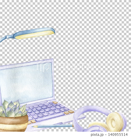 Laptop, lamp, succulent and headphones watercolor corner frame illustration. Hand drawn template with copy space for student projects, educational materials, distance learning and Back to School. Laptop, lamp, succulent and headphones watercolor corner frame illustration. Hand drawn template with copy space for student projects, educational materials, distance learning and Back to School. 140955514