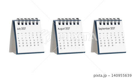 Three standing desk calendars isolated on white, July, August, and September 2027. Three standing desk calendars isolated on white, July, August, and September 2027. 140955639