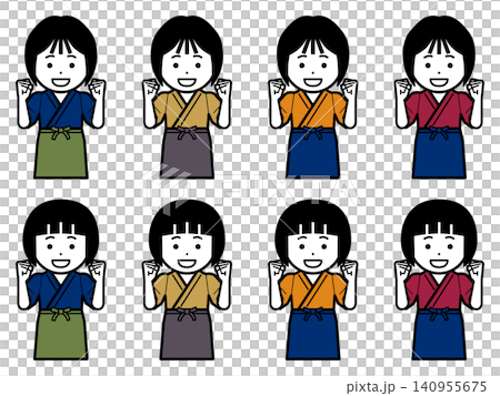 Icon of a woman in a samue (traditional Japanese work clothing) and apron making a victory pose. Icon of a woman in a samue (traditional Japanese work clothing) and apron making a victory pose. 140955675