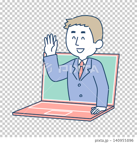 Illustration of a man in a remote meeting jumping out of a laptop. Illustration of a man in a remote meeting jumping out of a laptop. 140955896