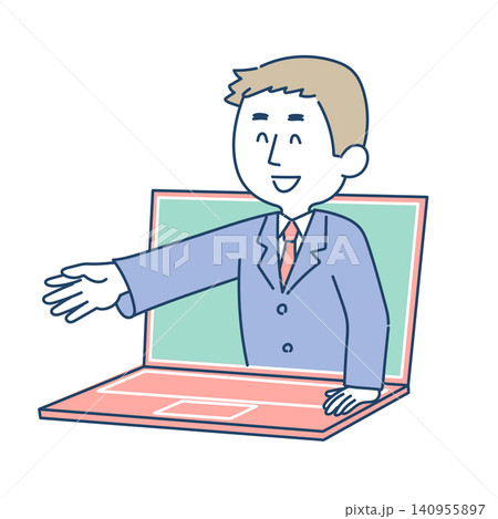 ノートパソコンから飛び出すリモート会議中の男性イラスト ノートパソコンから飛び出すリモート会議中の男性イラスト 140955897