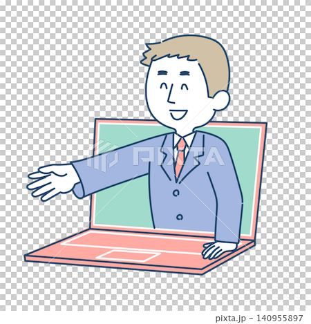 ノートパソコンから飛び出すリモート会議中の男性イラスト ノートパソコンから飛び出すリモート会議中の男性イラスト 140955897