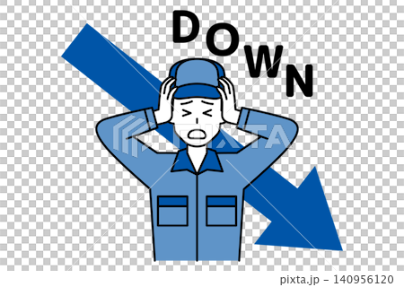 A downward-pointing arrow and a man in overalls with his head in his hands, looking troubled. A downward-pointing arrow and a man in overalls with his head in his hands, looking troubled. 140956120