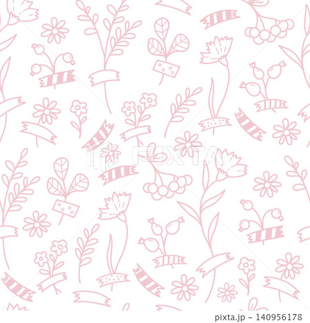 Rosehip, Rowan and Wildflowers Seamless Pattern. Pink Outline Botanical Elements, Flowers and Berries on White Background. Line Art. Hand Drawn. Vector illustration. 140956178
