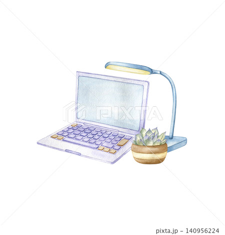 Laptop, desk lamp and potted succulent watercolor isolated illustration. Hand drawn clipart featuring a cozy workspace for Back to School designs, educational material and freelance project Laptop, desk lamp and potted succulent watercolor isolated illustration. Hand drawn clipart featuring a cozy workspace for Back to School designs, educational material and freelance project 140956224