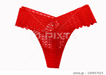 Red lace women's panties isolated on white background. Elegant floral lace lingerie with romantic design, perfect for fashion, apparel, beauty, and intimate wear concepts Red lace women's panties isolated on white background. Elegant floral lace lingerie with romantic design, perfect for fashion, apparel, beauty, and intimate wear concepts 140957025