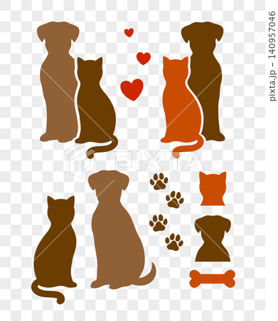 Pets icons, dog and cat silhouettes, heart and pawprint Pets icons, dog and cat silhouettes, heart and pawprint 140957046