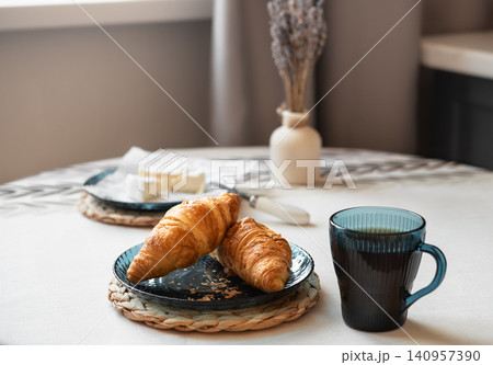 French breakfast with croissants, coffee and soft cheese 140957390