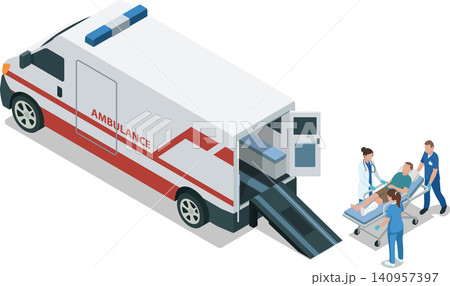 Paramedic staff transporting patient on stretcher to ambulance Paramedic staff transporting patient on stretcher to ambulance 140957397