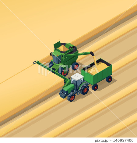 Combine harvester harvesting and transferring harvest into a tractor Combine harvester harvesting and transferring harvest into a tractor 140957400