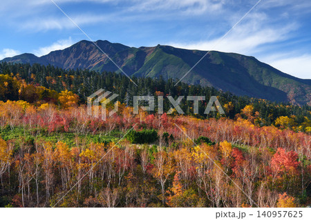 北海道美瑛・上富良野 十勝岳散策路から望む富良野岳と色鮮やかな紅葉の絶景 観光素材 北海道美瑛・上富良野 十勝岳散策路から望む富良野岳と色鮮やかな紅葉の絶景 観光素材 140957625