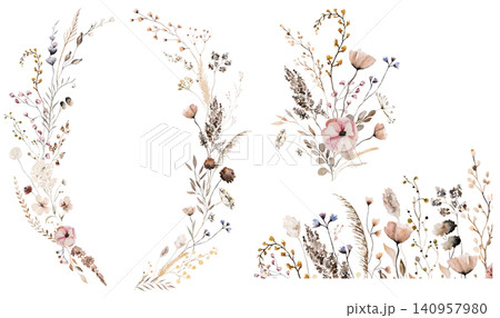 Floral rustic clipart made with watercolor brown wildflowers and leaves, autumn wedding illustration 140957980