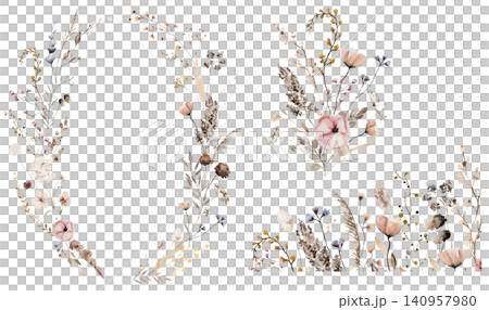 Floral rustic clipart made with watercolor brown wildflowers and leaves, autumn wedding illustration 140957980