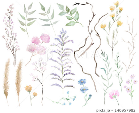 Watercolor pastel wildflowers with green leaves clipart, botanical wedding stationery floral set 140957982