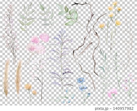 Watercolor pastel wildflowers with green leaves clipart, botanical wedding stationery floral set 140957982
