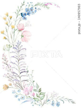 Watercolor floral bouquet with pastel wildflowers, isolated floral illustration for wedding stationery Watercolor floral bouquet with pastel wildflowers, isolated floral illustration for wedding stationery 140957983