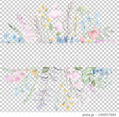Watercolor floral frame with pastel wildflowers, isolated floral illustration for wedding stationery Watercolor floral frame with pastel wildflowers, isolated floral illustration for wedding stationery 140957984