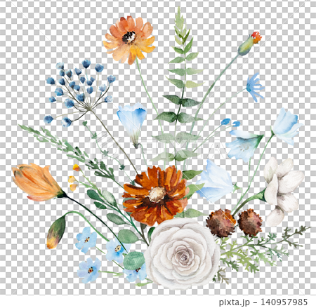 Watercolor bouquet with blue, ivory and orange wildflowers, rustic isolated illustration for stationery Watercolor bouquet with blue, ivory and orange wildflowers, rustic isolated illustration for stationery 140957985