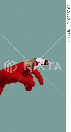 Woman resting on giant red hand in minimalist surreal scene. Woman resting on giant red hand in minimalist surreal scene. 140958164