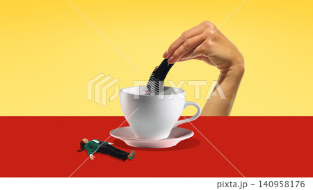 Giant hand dipping tiny person into coffee cup on bright surreal set. Giant hand dipping tiny person into coffee cup on bright surreal set. 140958176