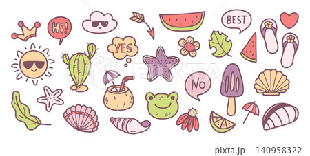 Cute Summer Doodle Set. Sun, Watermelon, Cactus, Frog, Seashell, Starfish, Fruits and Flowers, Cocktail, Popsicle, Flip Flops and Tropical Elements. Isolated Colored Hand Drawn. Vector Illustration. Cute Summer Doodle Set. Sun, Watermelon, Cactus, Frog, Seashell, Starfish, Fruits and Flowers, Cocktail, Popsicle, Flip Flops and Tropical Elements. Isolated Colored Hand Drawn. Vector Illustration. 140958322