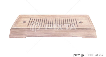 Traditional wooden tea tray for Chinese tea ceremony. Brown chaban board with drainage grooves watercolor illustration on isolated background. Hand painted element for drink. serving in oriental style Traditional wooden tea tray for Chinese tea ceremony. Brown chaban board with drainage grooves watercolor illustration on isolated background. Hand painted element for drink. serving in oriental style 140958367