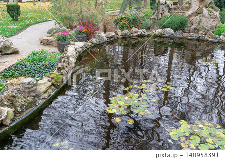 Garden pond with lily pads and green landscape Garden pond with lily pads and green landscape 140958391