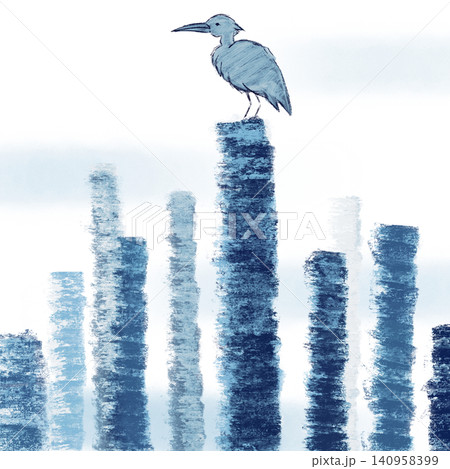伐採された木々の切り株に佇む一羽の鳥の手描きイラスト 140958399