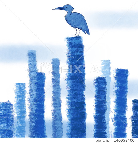 伐採された木々の切り株に佇む一羽の鳥の手描きイラスト 伐採された木々の切り株に佇む一羽の鳥の手描きイラスト 140958400