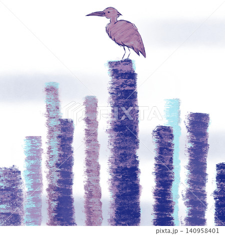 伐採された木々の切り株に佇む一羽の鳥の手描きイラスト 伐採された木々の切り株に佇む一羽の鳥の手描きイラスト 140958401