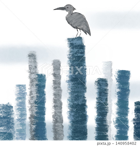 伐採された木々の切り株に佇む一羽の鳥の手描きイラスト 伐採された木々の切り株に佇む一羽の鳥の手描きイラスト 140958402