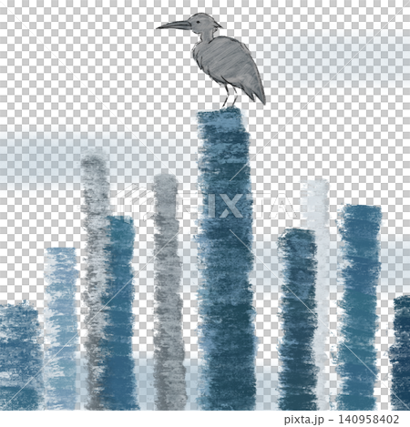 伐採された木々の切り株に佇む一羽の鳥の手描きイラスト 伐採された木々の切り株に佇む一羽の鳥の手描きイラスト 140958402