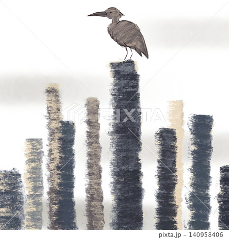 伐採された木々の切り株に佇む一羽の鳥の手描きイラスト 伐採された木々の切り株に佇む一羽の鳥の手描きイラスト 140958406