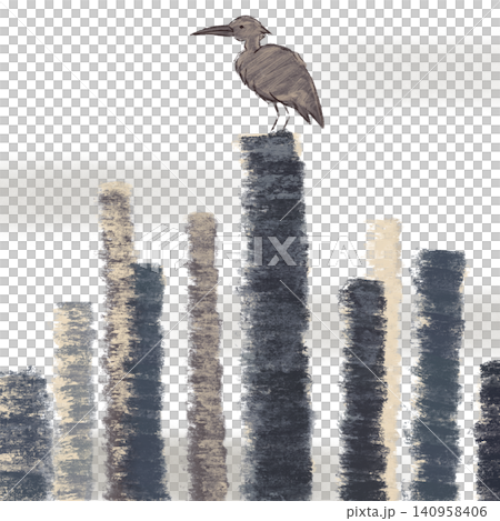 伐採された木々の切り株に佇む一羽の鳥の手描きイラスト 伐採された木々の切り株に佇む一羽の鳥の手描きイラスト 140958406