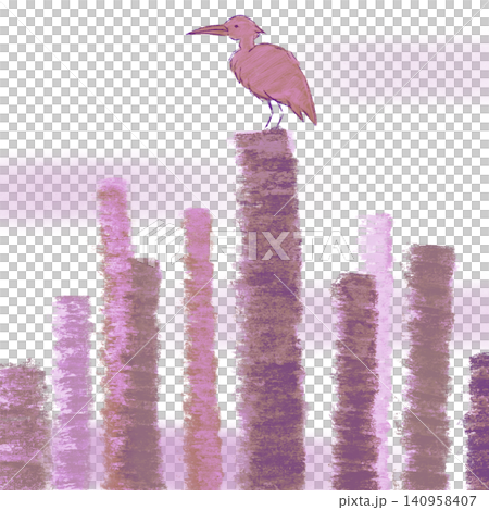 A hand-drawn illustration of a bird perched on the stump of a felled tree. A hand-drawn illustration of a bird perched on the stump of a felled tree. 140958407