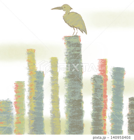 伐採された木々の切り株に佇む一羽の鳥の手描きイラスト 伐採された木々の切り株に佇む一羽の鳥の手描きイラスト 140958408