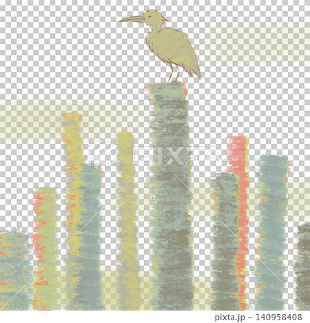伐採された木々の切り株に佇む一羽の鳥の手描きイラスト 伐採された木々の切り株に佇む一羽の鳥の手描きイラスト 140958408