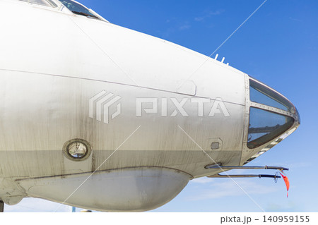 Close Up of Vintage Cargo Airplane Nose with Navigator Glass Cabin Close Up of Vintage Cargo Airplane Nose with Navigator Glass Cabin 140959155