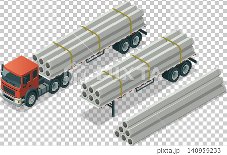 Semi truck carrying concrete pipes on flatbed trailer Semi truck carrying concrete pipes on flatbed trailer 140959233