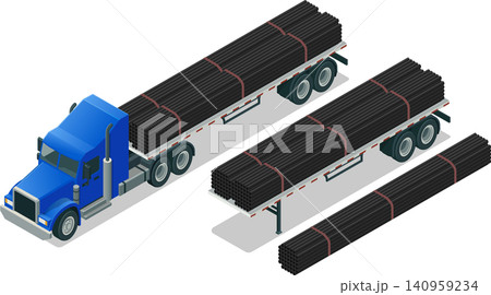 Semi truck carrying construction steel pipes on flatbed trailer Semi truck carrying construction steel pipes on flatbed trailer 140959234