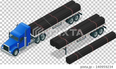 Semi truck carrying construction steel pipes on flatbed trailer Semi truck carrying construction steel pipes on flatbed trailer 140959234
