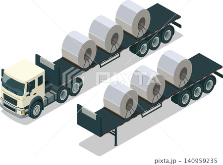 Semi truck carrying steel coil on flatbed trailer Semi truck carrying steel coil on flatbed trailer 140959235