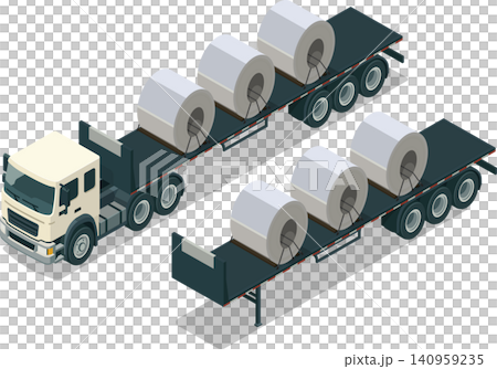 Semi truck carrying steel coil on flatbed trailer Semi truck carrying steel coil on flatbed trailer 140959235