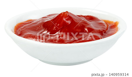 Small white ceramic bowl filled with red tomato ketchup sauce, isolated. Thick and glossy condiment perfect for dipping snacks and fast food. Professional studio macro shot. Small white ceramic bowl filled with red tomato ketchup sauce, isolated. Thick and glossy condiment perfect for dipping snacks and fast food. Professional studio macro shot. 140959314