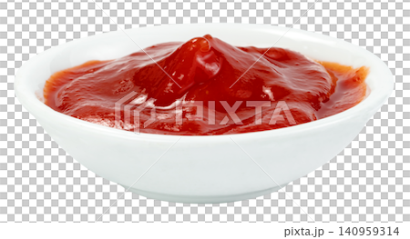 Small white ceramic bowl filled with red tomato ketchup sauce, isolated. Thick and glossy condiment perfect for dipping snacks and fast food. Professional studio macro shot. Small white ceramic bowl filled with red tomato ketchup sauce, isolated. Thick and glossy condiment perfect for dipping snacks and fast food. Professional studio macro shot. 140959314