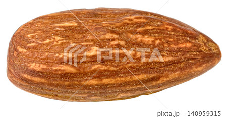 Single raw almond nut isolated. Close up shot of whole dry almond seed showing detailed texture and brown skin. High resolution food photography for healthy eating concept. Single raw almond nut isolated. Close up shot of whole dry almond seed showing detailed texture and brown skin. High resolution food photography for healthy eating concept. 140959315